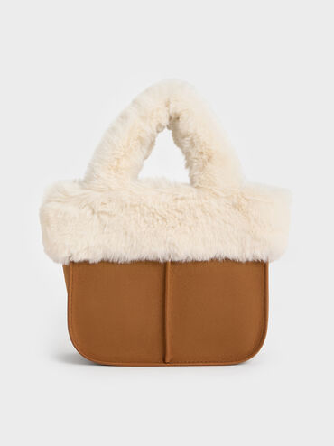 Girls' Textured Fur-Trim Tote Bag, Brown, hi-res