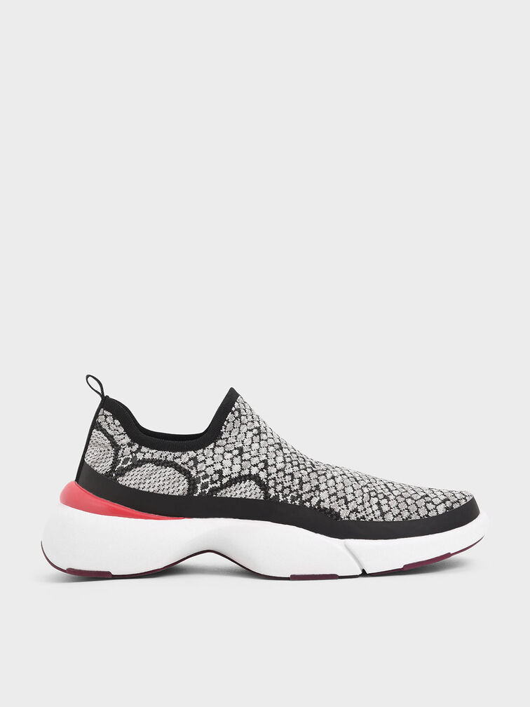 4WARD Collection: Snake Print Knitted Slip-On Sneakers, Grey, hi-res