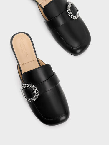 Chain-Buckled Leather Mules, Black, hi-res