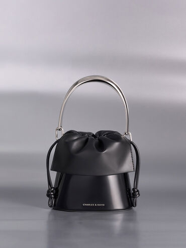 Patent Ruched-Flap Drawstring Bucket Bag, Noir, hi-res