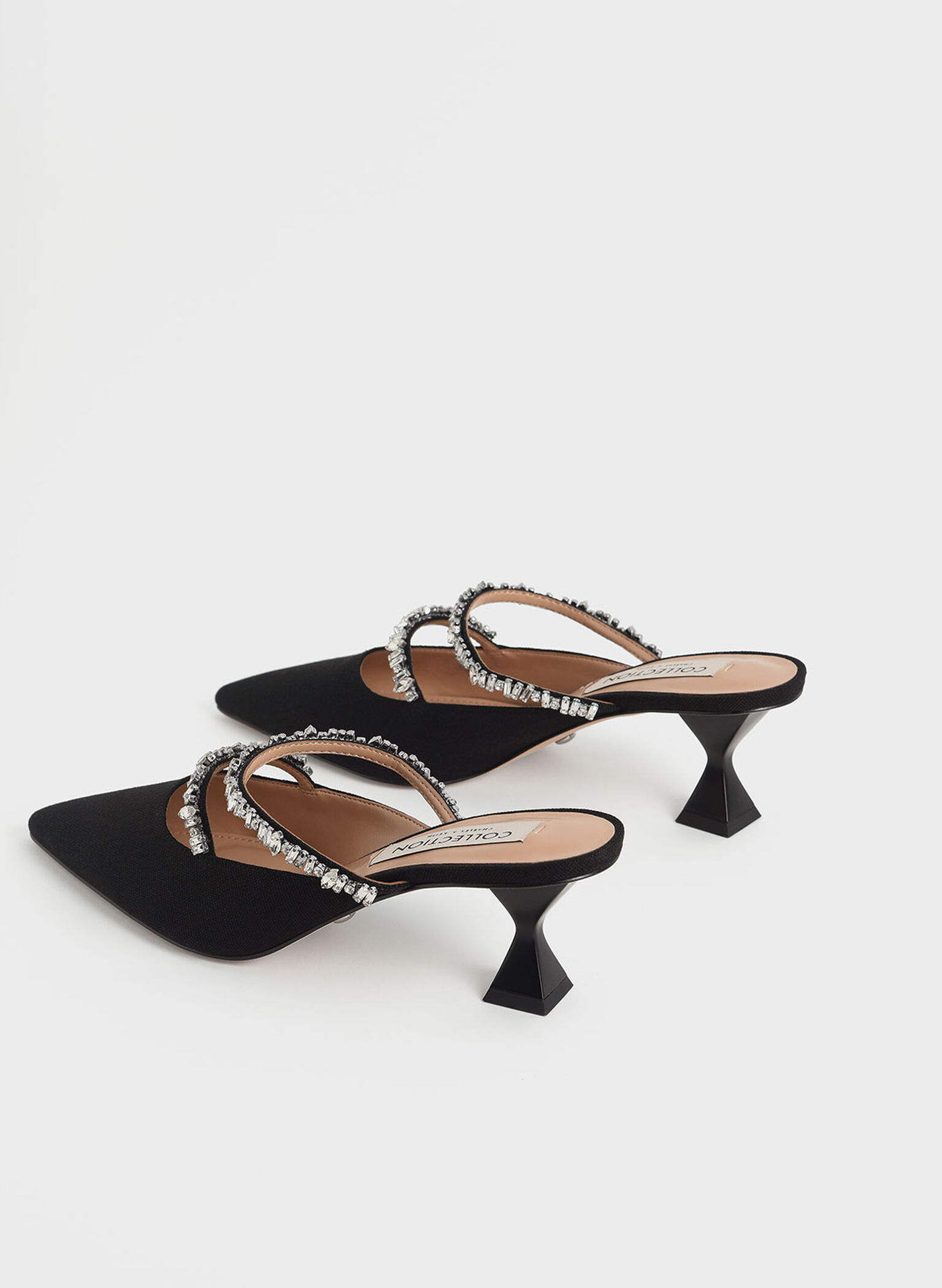 Black Canvas Double Gem Strap Mules - CHARLES & KEITH US