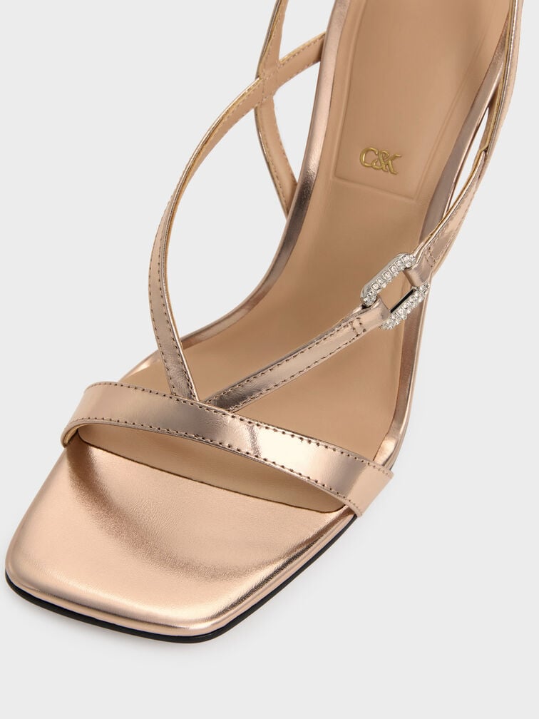 Sandalias de piel metalizada con hebilla de cristal, Bronce, hi-res