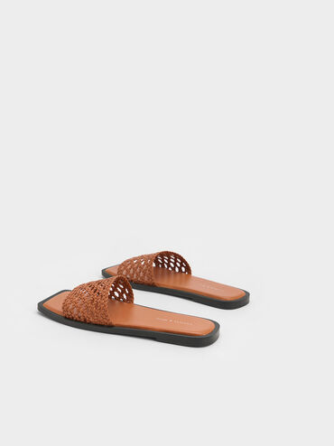 Woven Square-Toe Slides, Cognac, hi-res