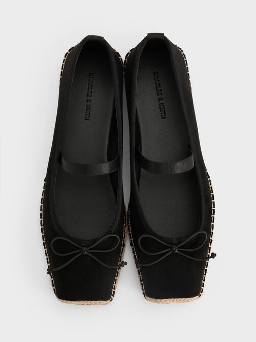 Faux Suede Bow Tie-Around Espadrille Ballet Flats, Black Textured, hi-res