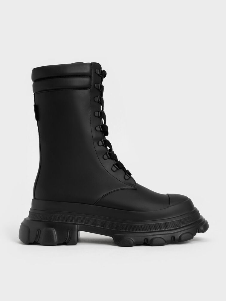 Chunky Sole Padded Combat Boots, Black, hi-res