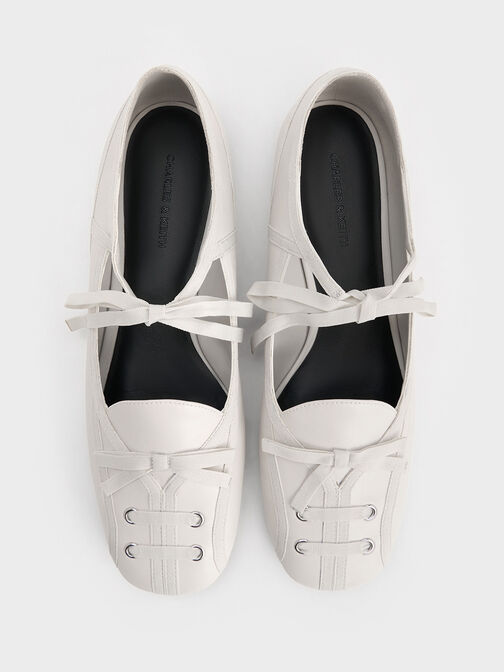 Lace-Up Bow Ballet Flats, White, hi-res
