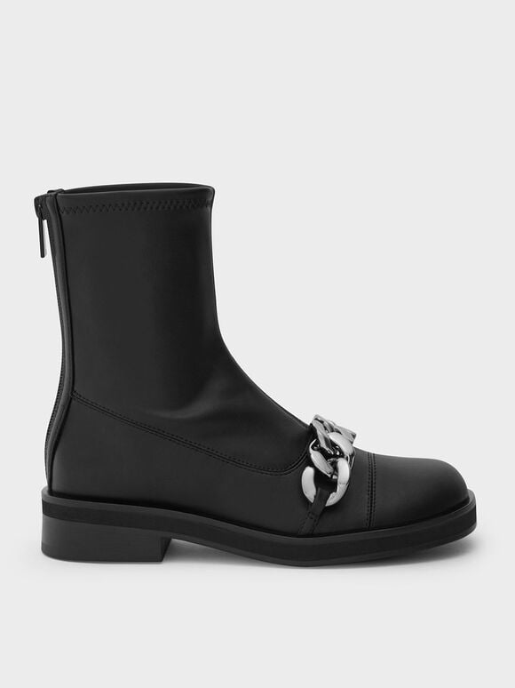 Chunky Chain Link Ankle Boots, Black, hi-res