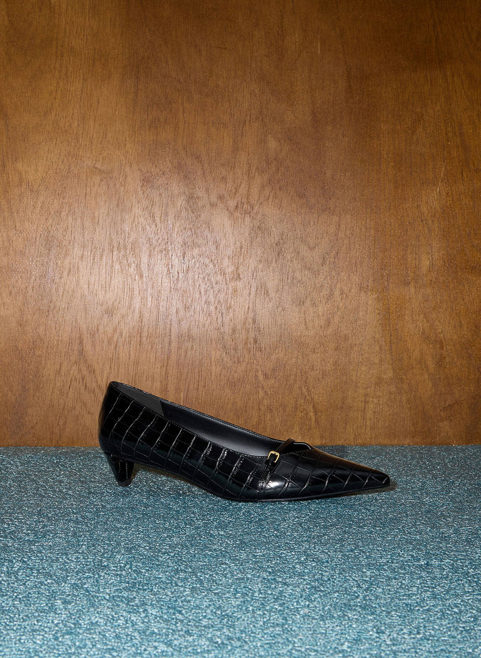 Croc-Effect Buckled Pointed-Toe Kitten-Heel Pumps, Animal Print Black, hi-res