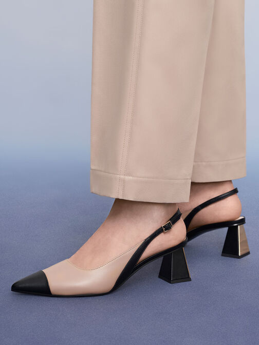 Toe Cap Slingback Pumps, Beige, hi-res