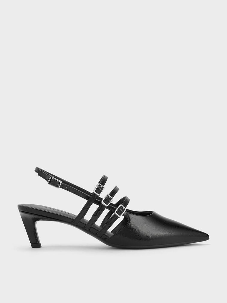 Patent Triple-Strap Pointed-Toe Kitten-Heel Slingback Pumps, Black Patent, hi-res