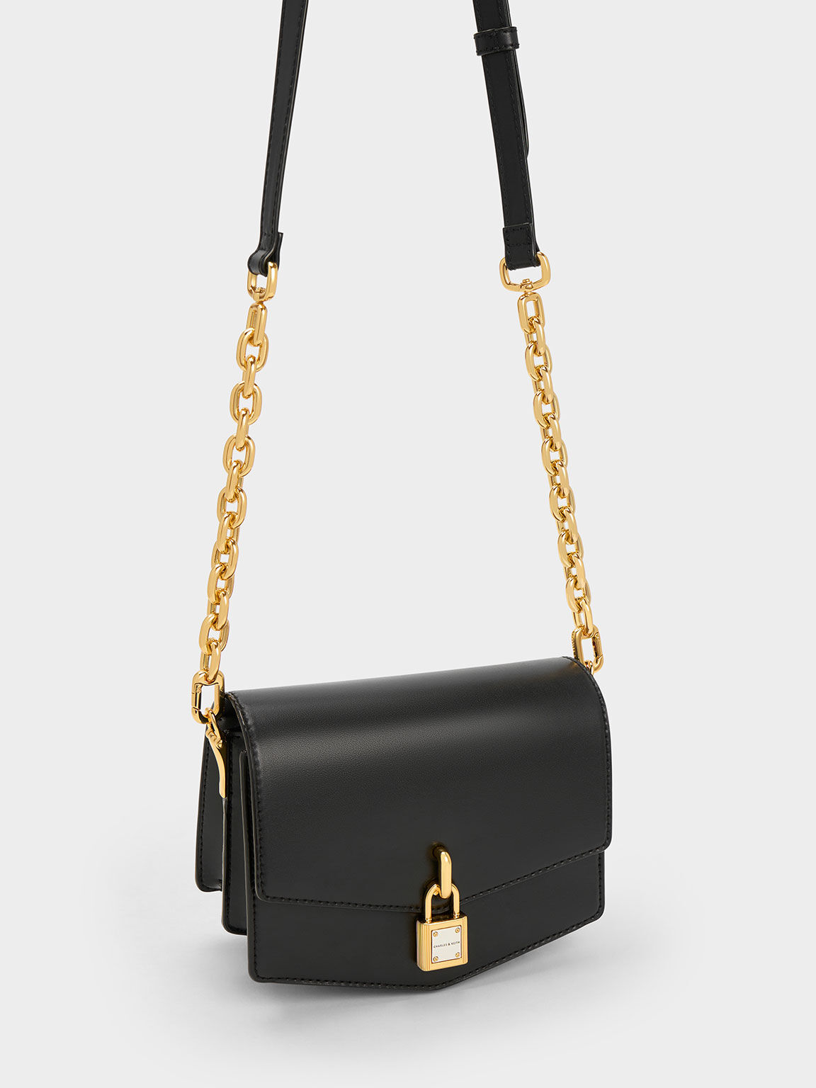 Lock-Motif Geometric Crossbody Bag, Black, hi-res