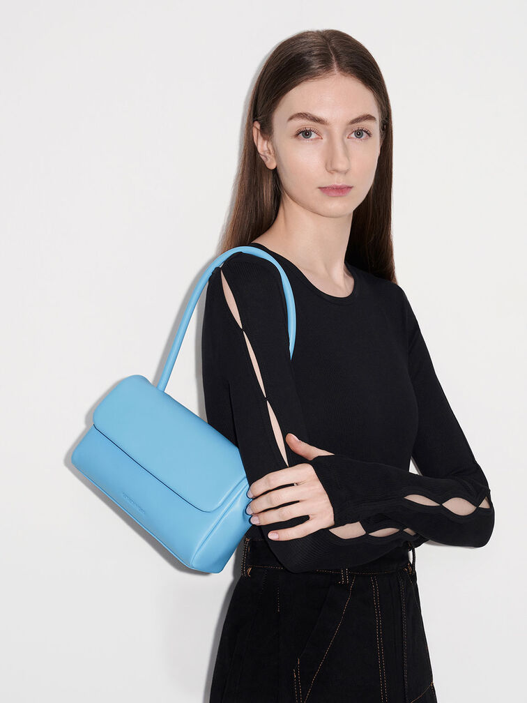 Curved Handle Shoulder Bag, Blue, hi-res