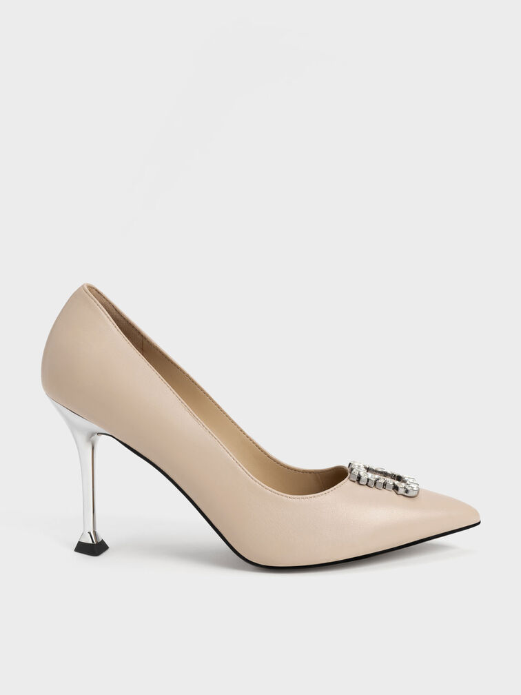 Leather Gem-Embellished Pumps, Nude, hi-res