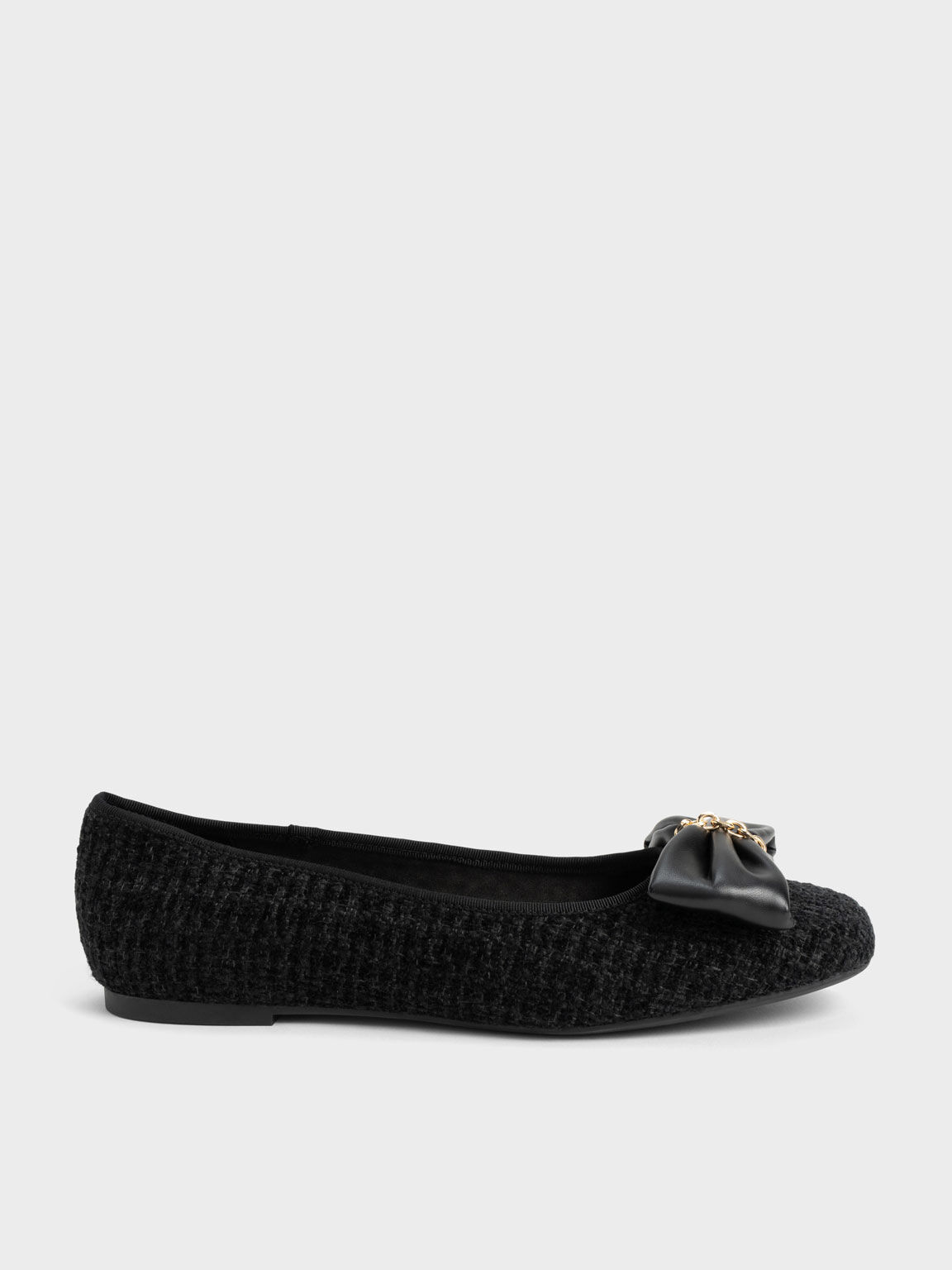 Tweed Chain-Link Bow Ballerinas, Black Textured, hi-res