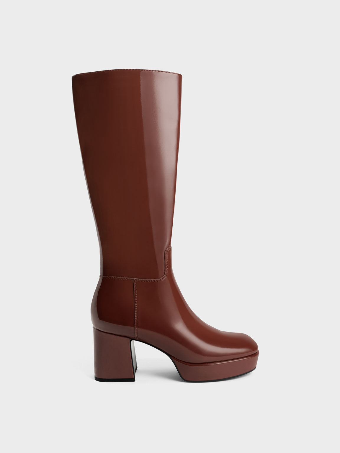 Patent Platform Knee-High Boots, Cognac, hi-res