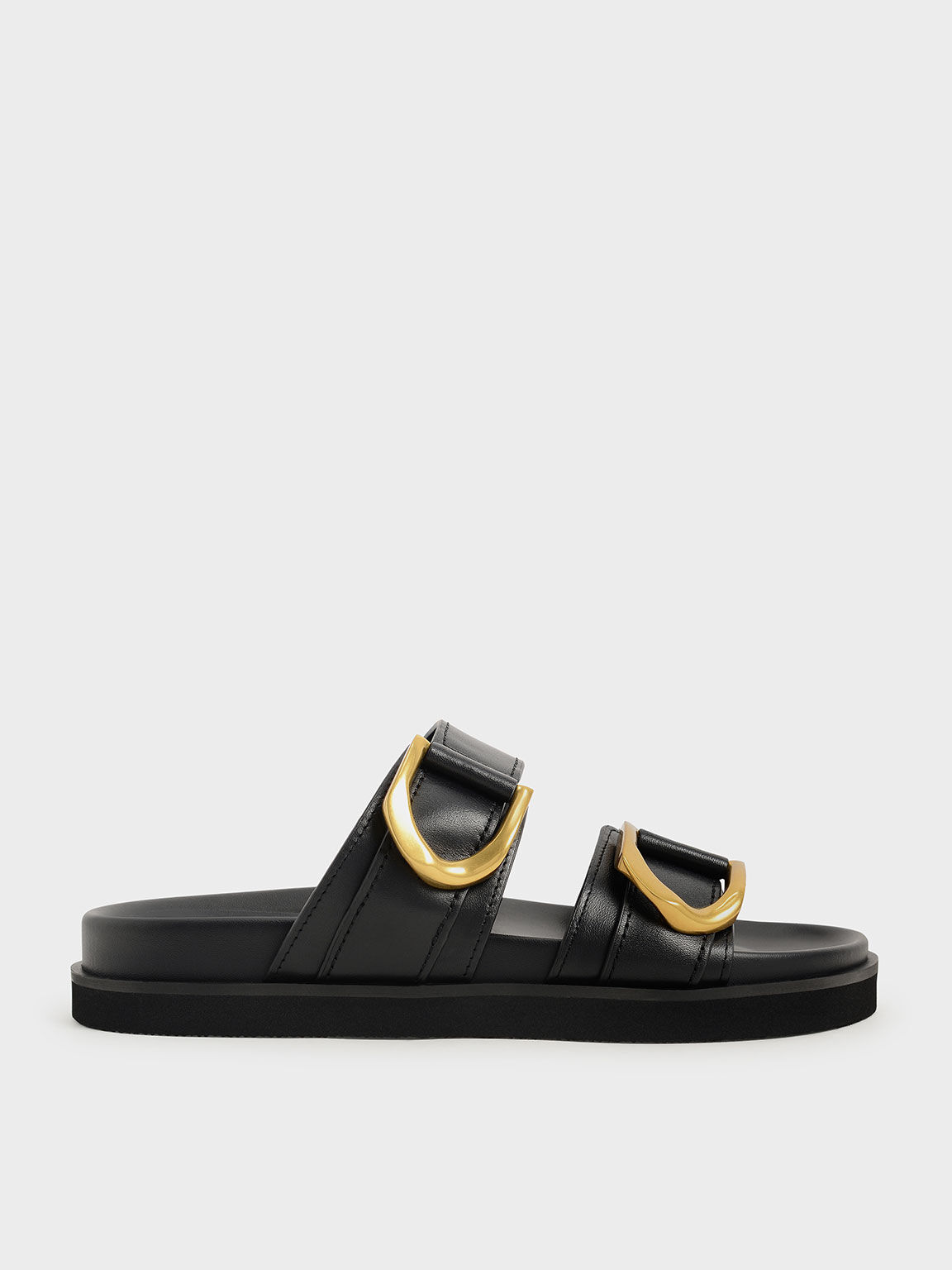 Gabine Buckled Leather Slides​, Black, hi-res