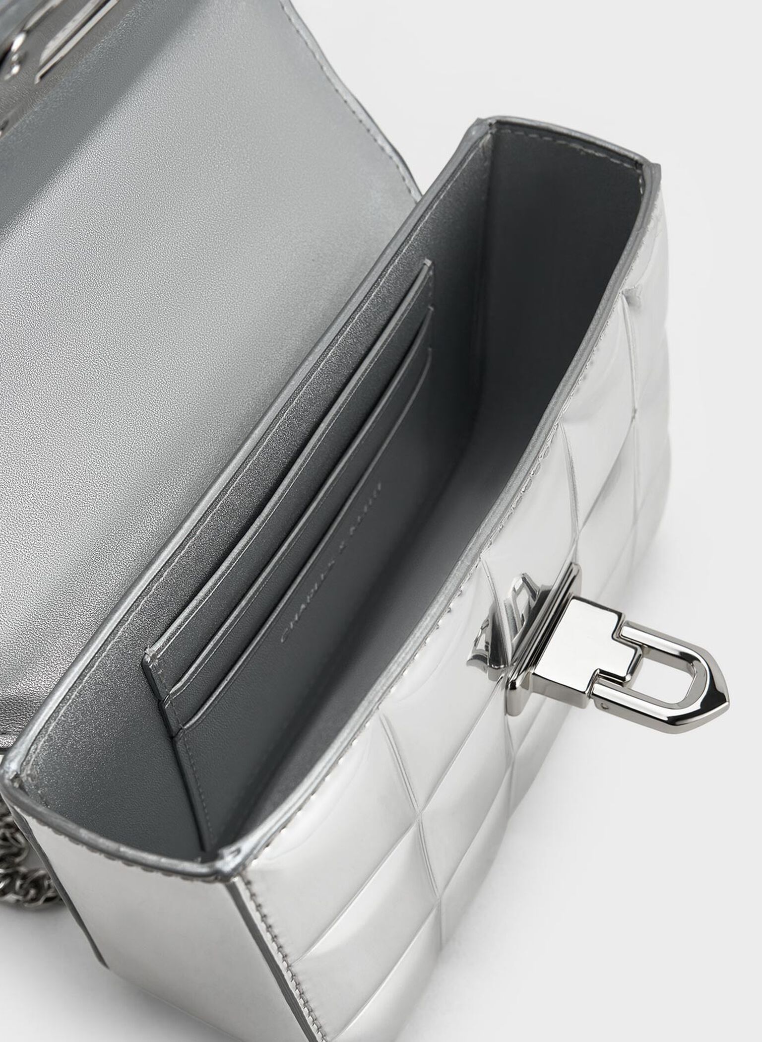 Metallic Square-Quilted Chain-Handle Bag, Silver, hi-res