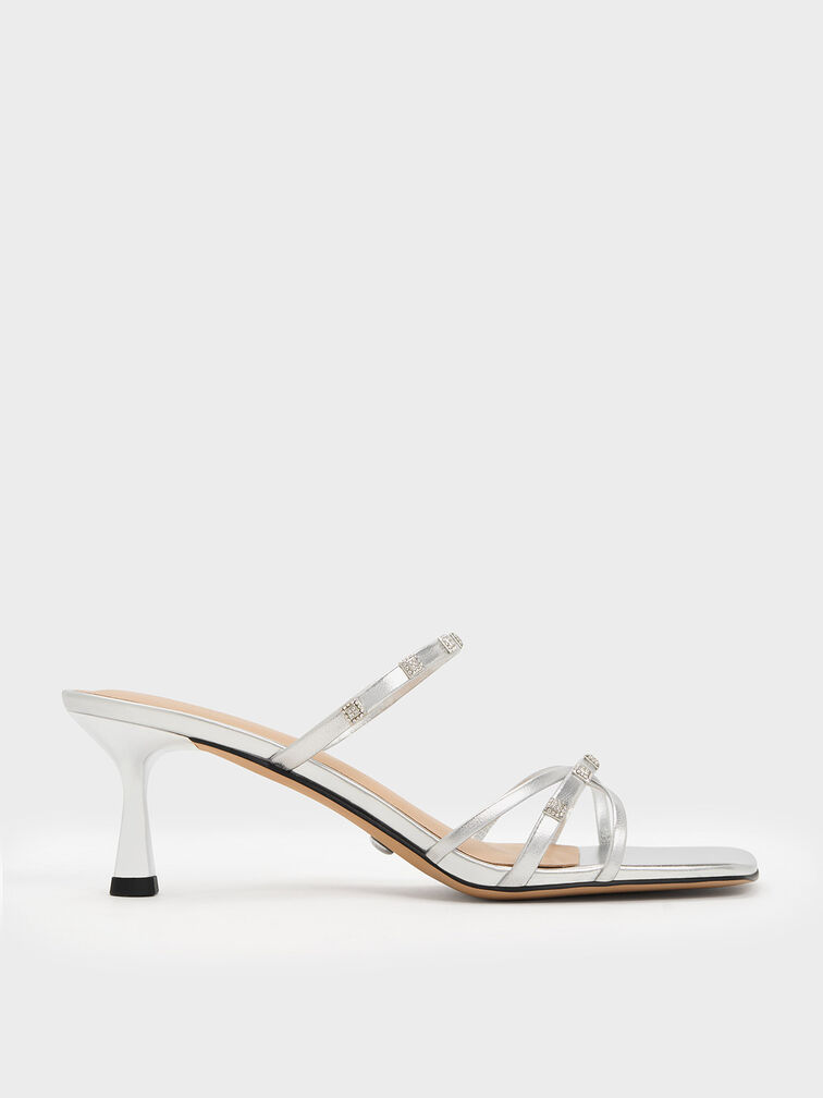 Square Crystal-Embellished Metallic Leather Heeled Mules, Silver, hi-res