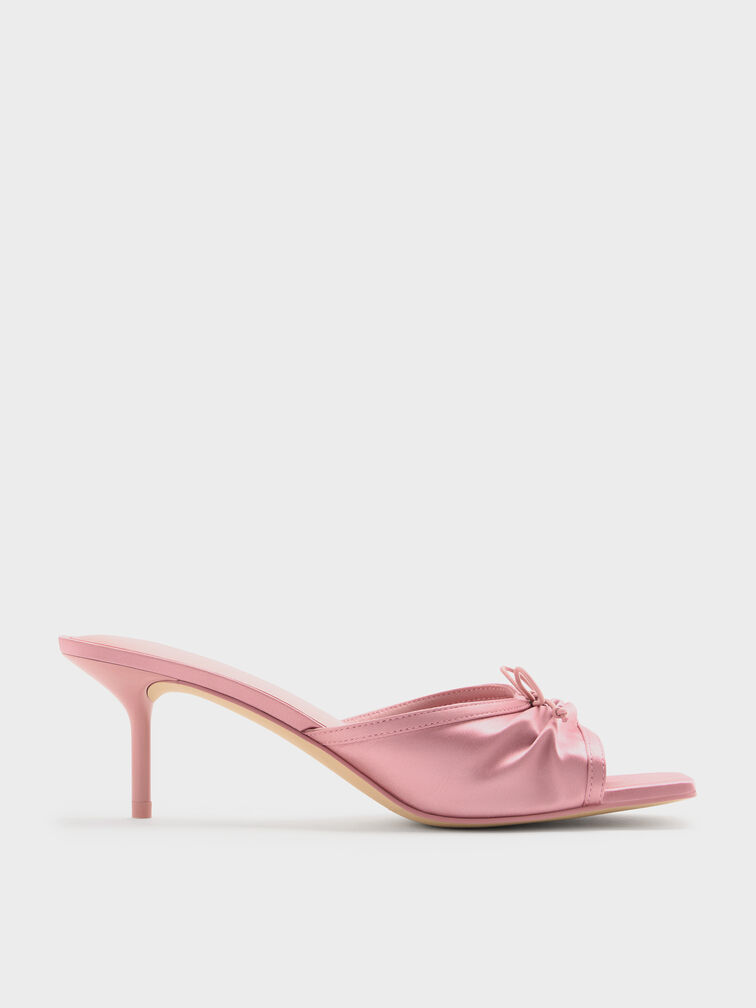 Satin Ruched Bow Heeled Mules, Pink, hi-res
