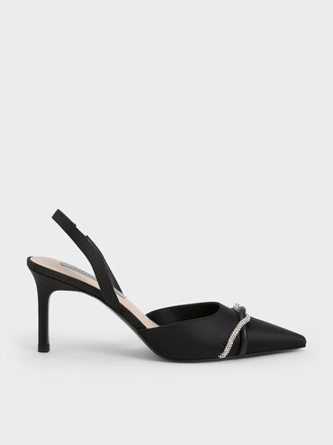 Twist Detail Satin Slingback Pumps, Black, hi-res