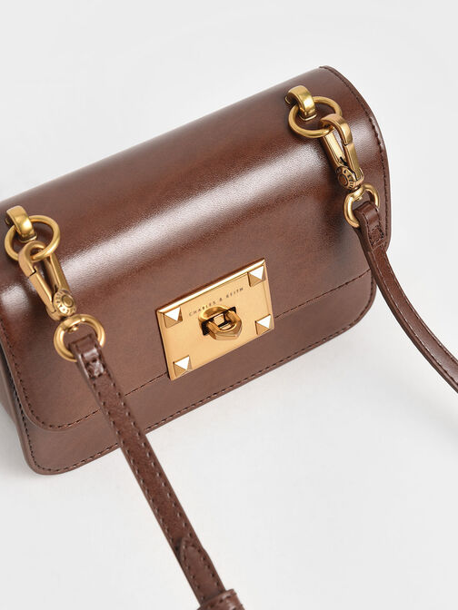 Metallic Turn-Lock Bag, Chocolate, hi-res