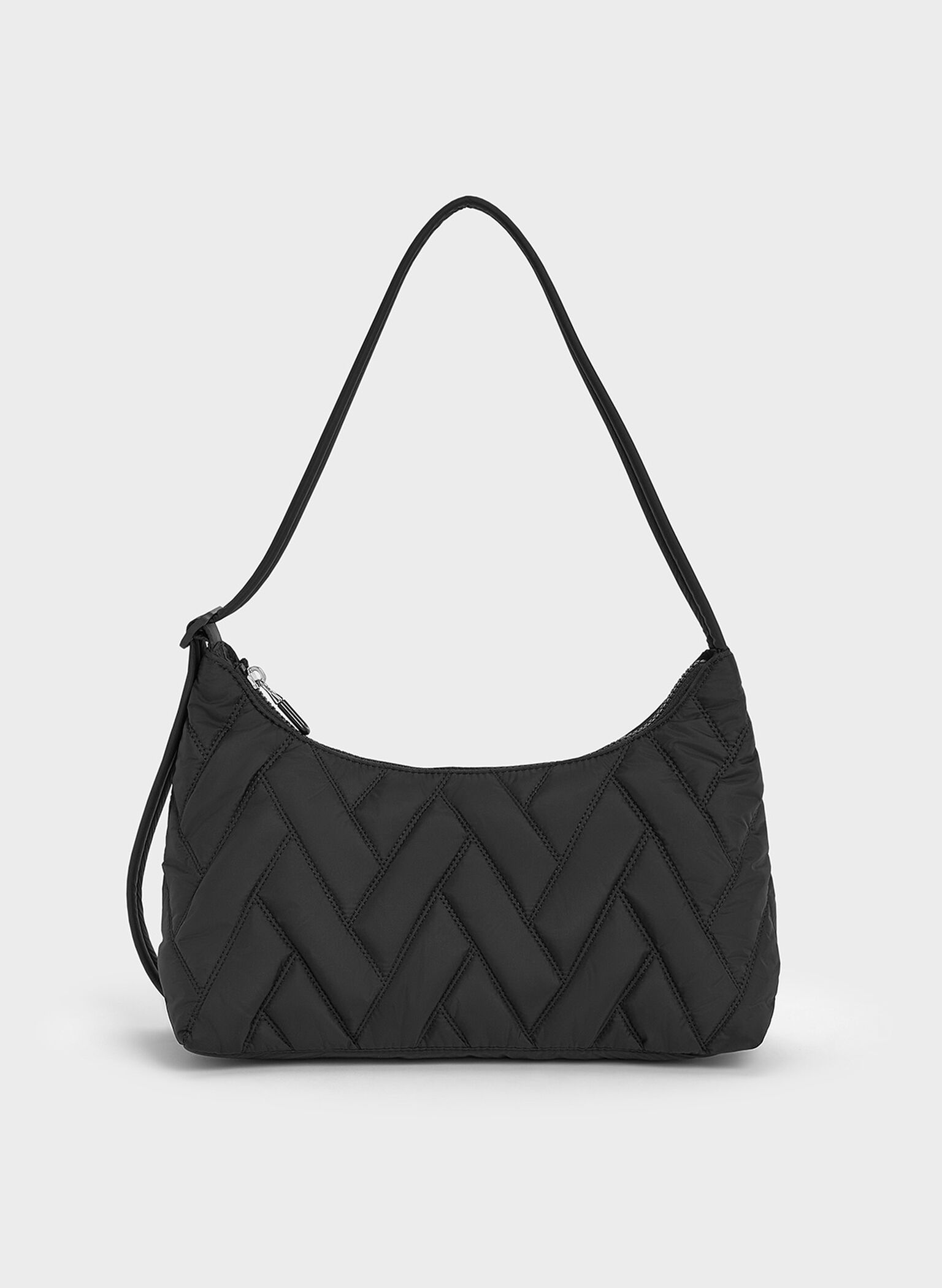 Bolso de hombro estilo chevron de nylon, negro azabache, hi-res