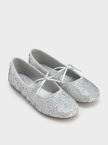 Girls' Sequin Metallic Bow Ballet Flats, Silver, hi-res