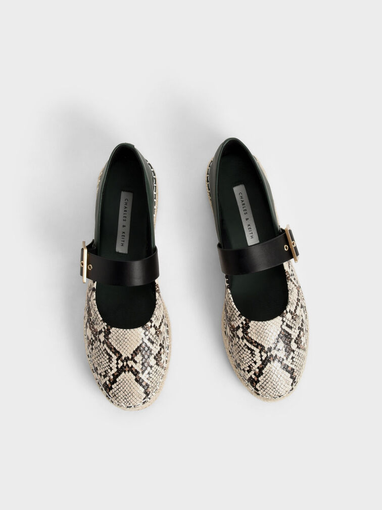 Snake-Print Buckled Espadrille Flats, Animal Print Natural, hi-res