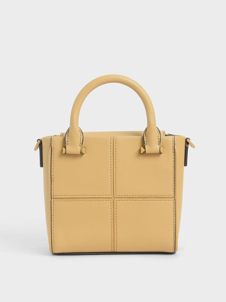 Textured Panelled Top Handle Bag, Yellow, hi-res