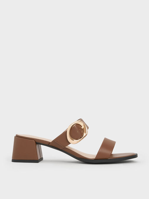 Oval-Buckle Heeled Mules, Cognac, hi-res