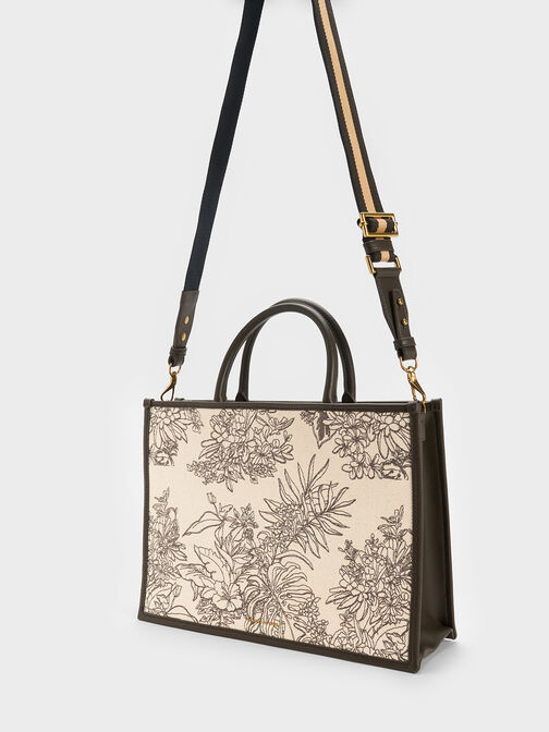 Floral Illustrated Canvas Tote Bag, Dark Moss, hi-res