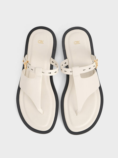 Leather Asymmetric Thong Sandals, White, hi-res