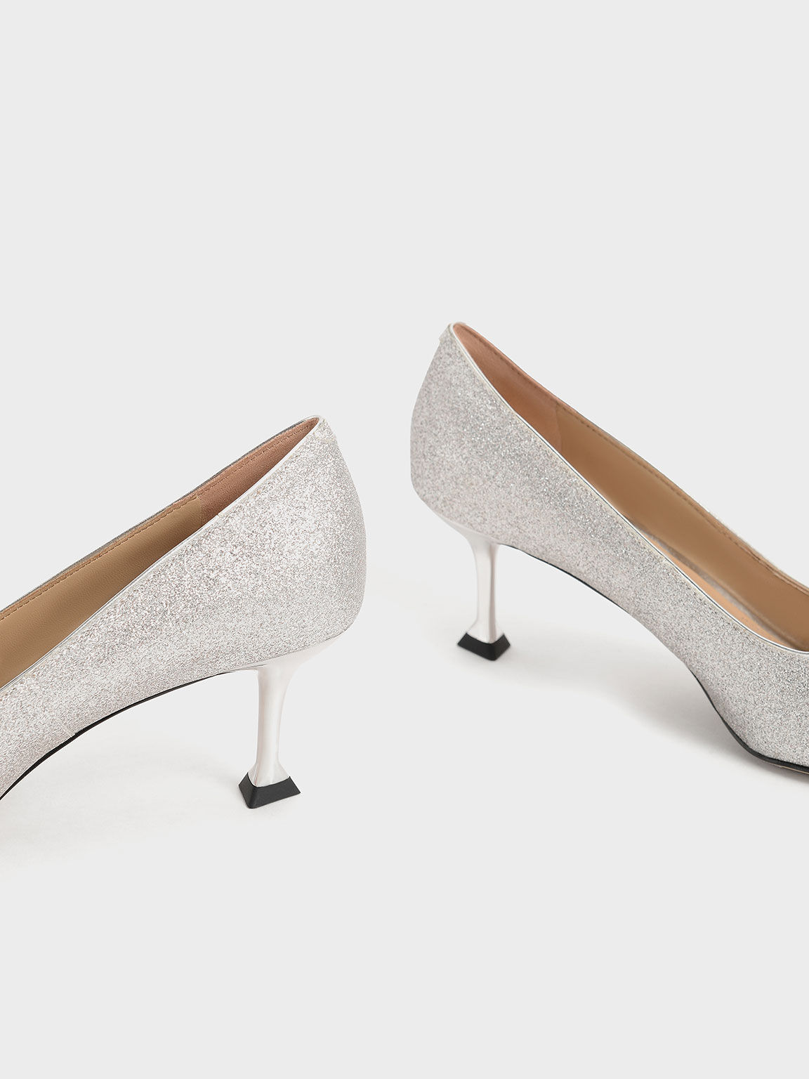 Glittered Gem-Embellished Kitten Heel Pumps, Silver, hi-res