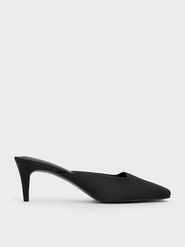 Satin Square-Toe Blade-Heel Mules, Black Textured, hi-res