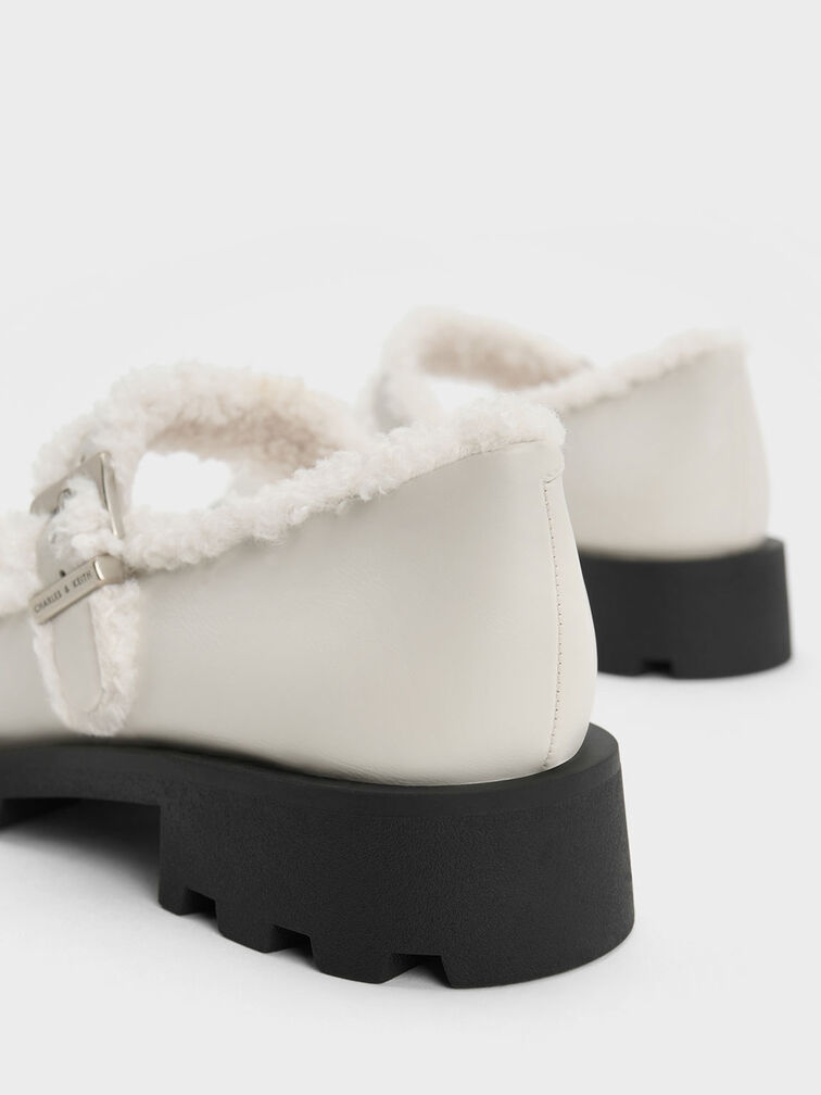 Fur-Trim Buckled Mary Janes, Chalk, hi-res