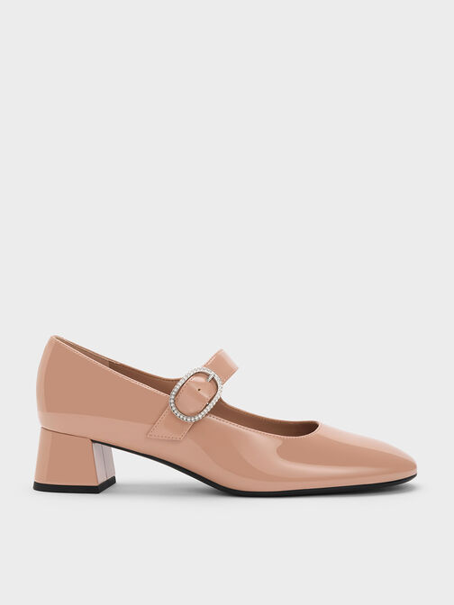 Jannie Patent Crystal-Buckle Mary Jane Pumps, Nude, hi-res