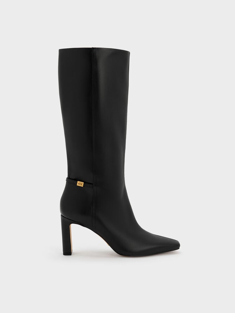 Georgina Leather Tapered Square-Toe Blade-Heel Knee-High Boots, Black, hi-res