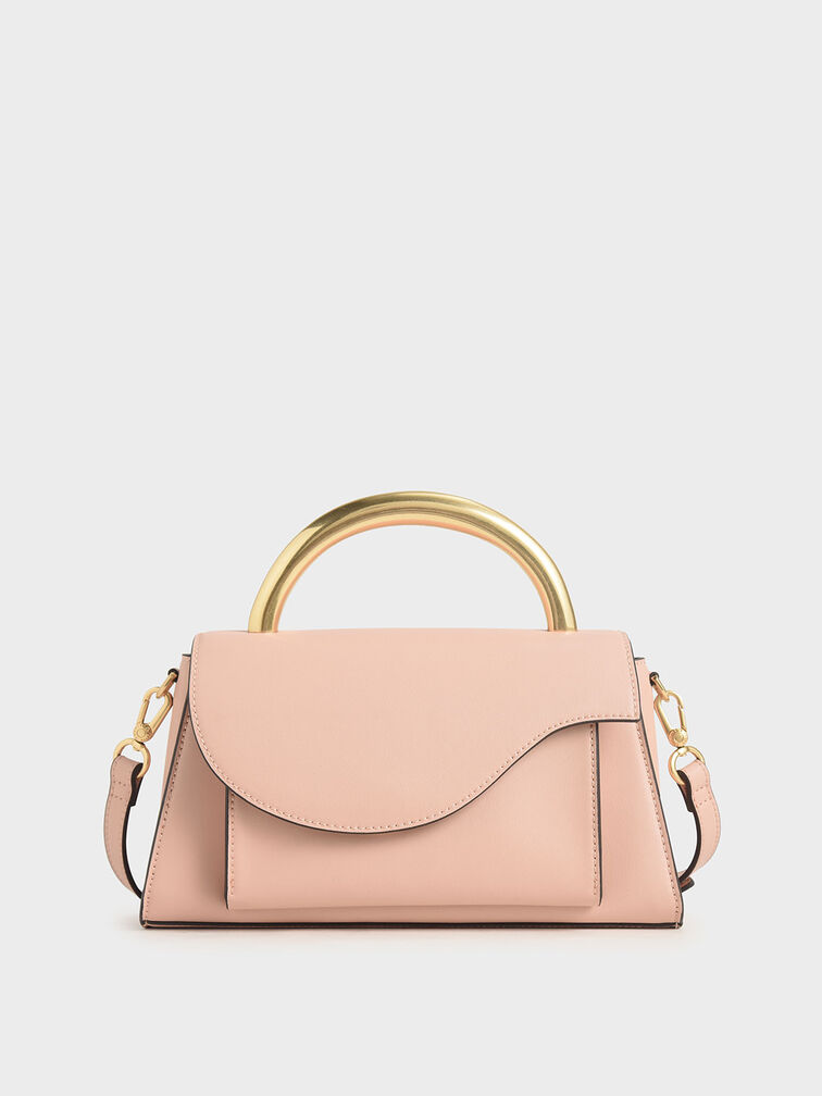 Angular Flap Metallic Top Handle Bag, Pink, hi-res