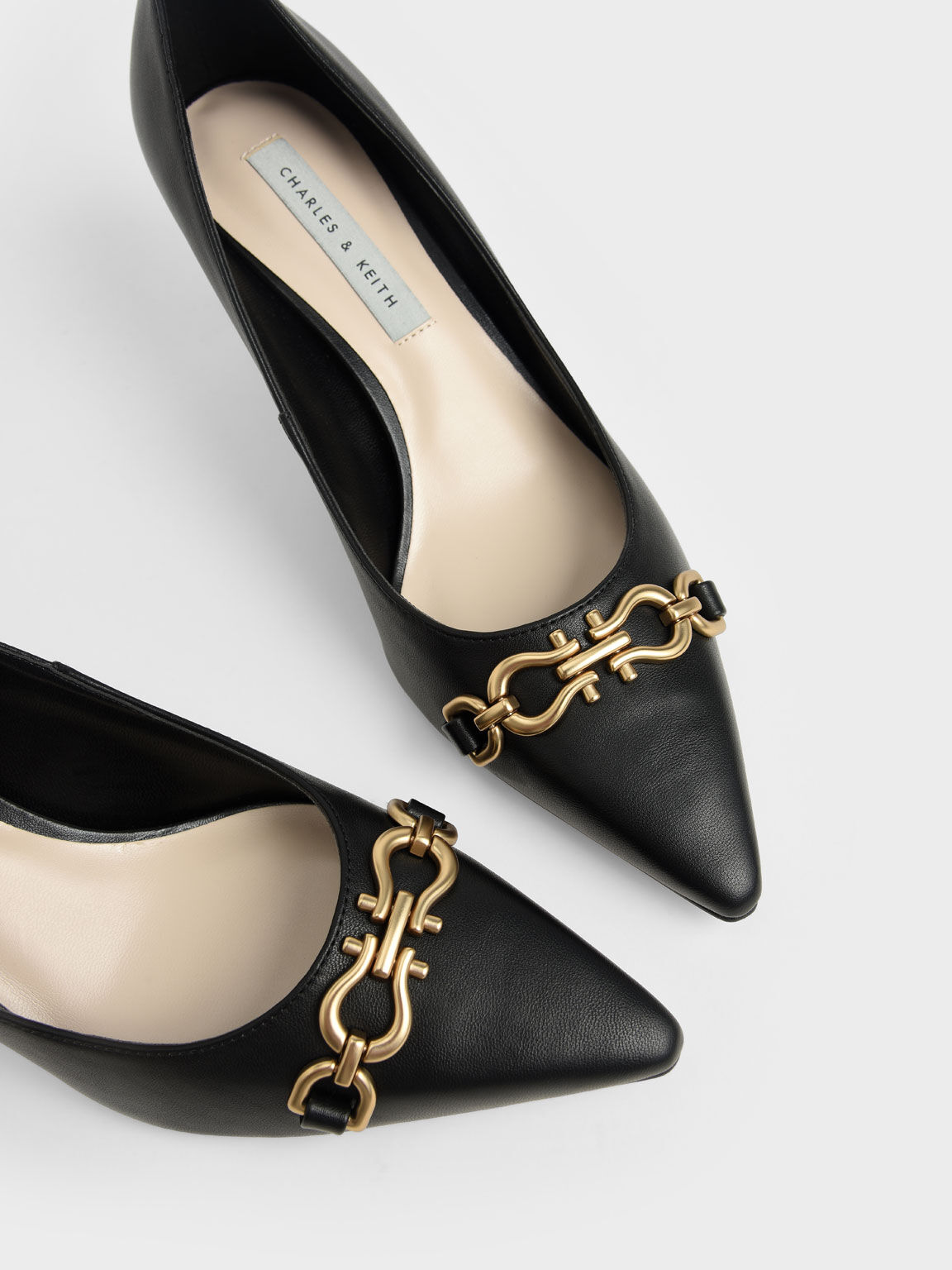 Chain Link Pointed Toe Pumps, Black, hi-res
