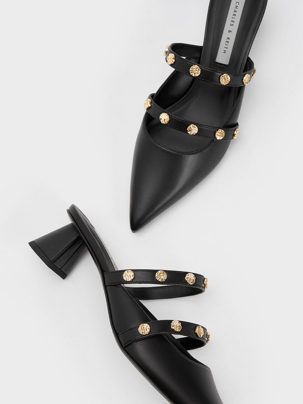Black Studded Trapeze Heel Mules - CHARLES & KEITH International Black Studded Trapeze Heel Mules - CHARLES & KEITH International