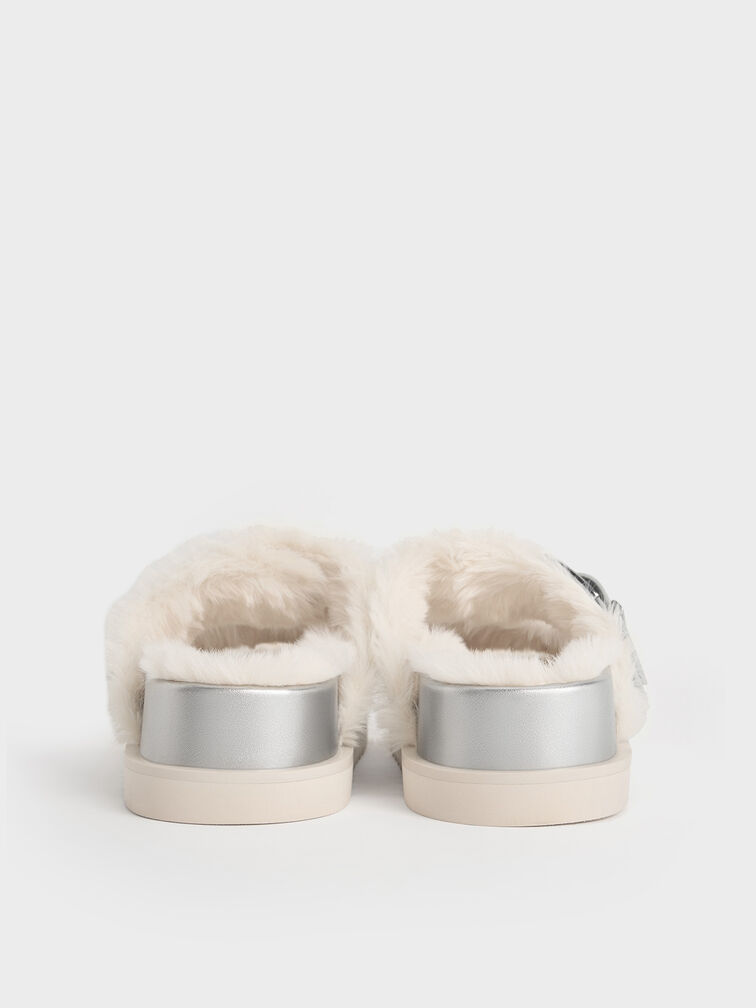 Hannah Metallic Furry Buckled Double-Strap Sandals, Silver, hi-res