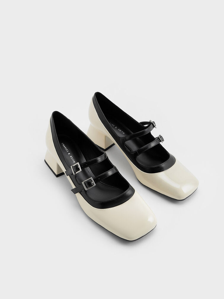 Patent Double Buckle Two-Tone Mary Janes, Chalk, hi-res