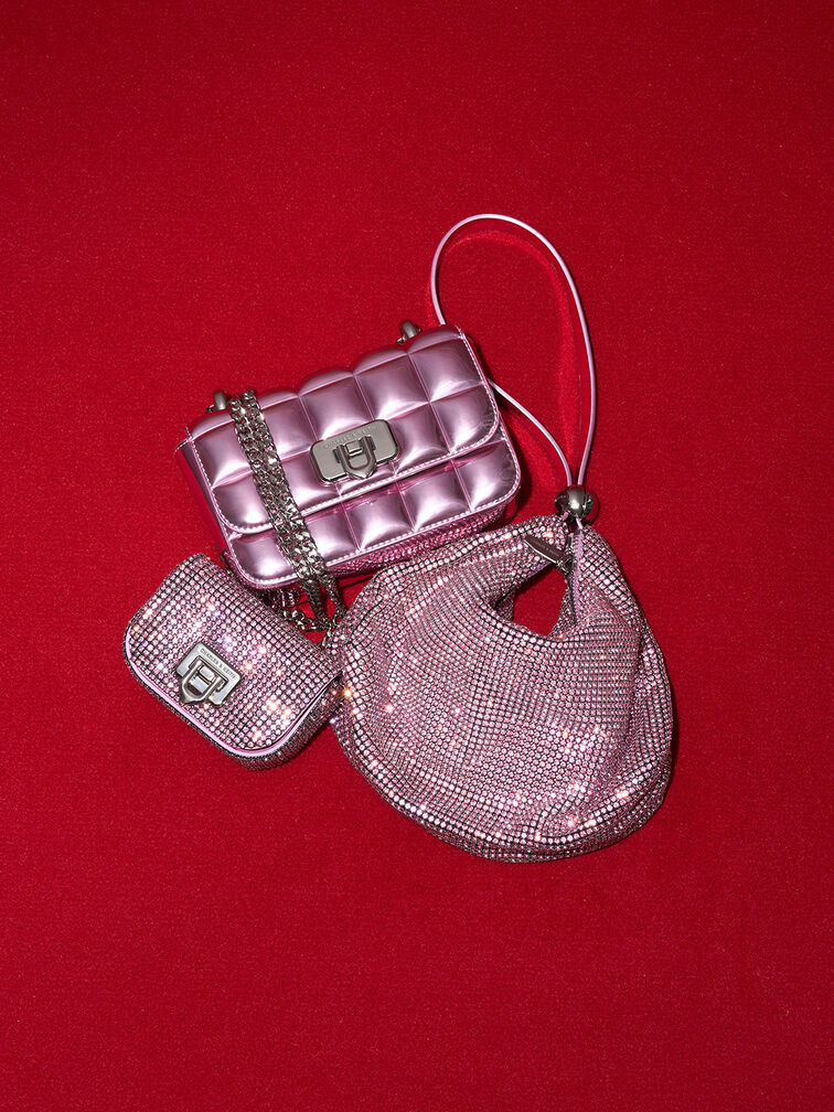 Bolso de doble uso con adornos de cristal, Rosa, hi-res