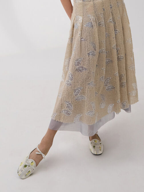 Floral-Print Lace-Up Bow Ballet Mules, Multi, hi-res