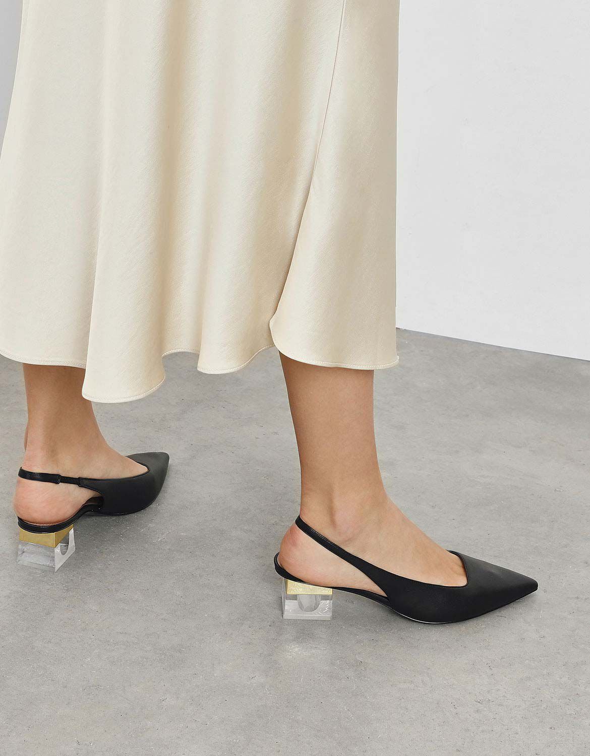Black Lucite Heel Slingback Pumps 