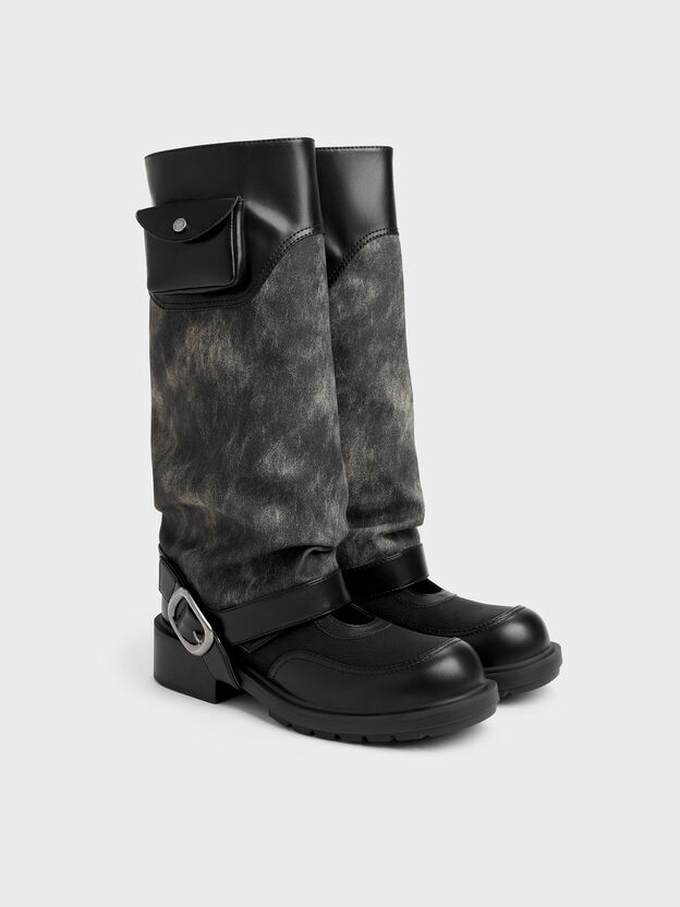 Burnished Convertible Ruched Knee-High Boots, Dark Grey, hi-res