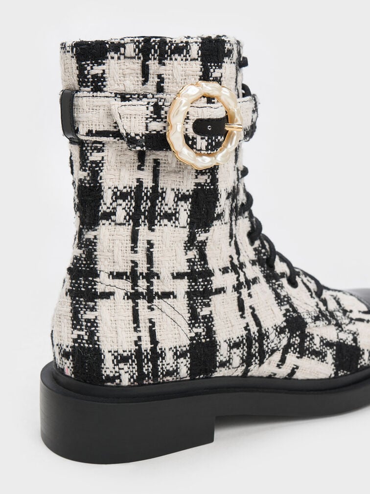 Pearl Buckle Lace-Up Tweed Ankle Boots, Black Textured, hi-res