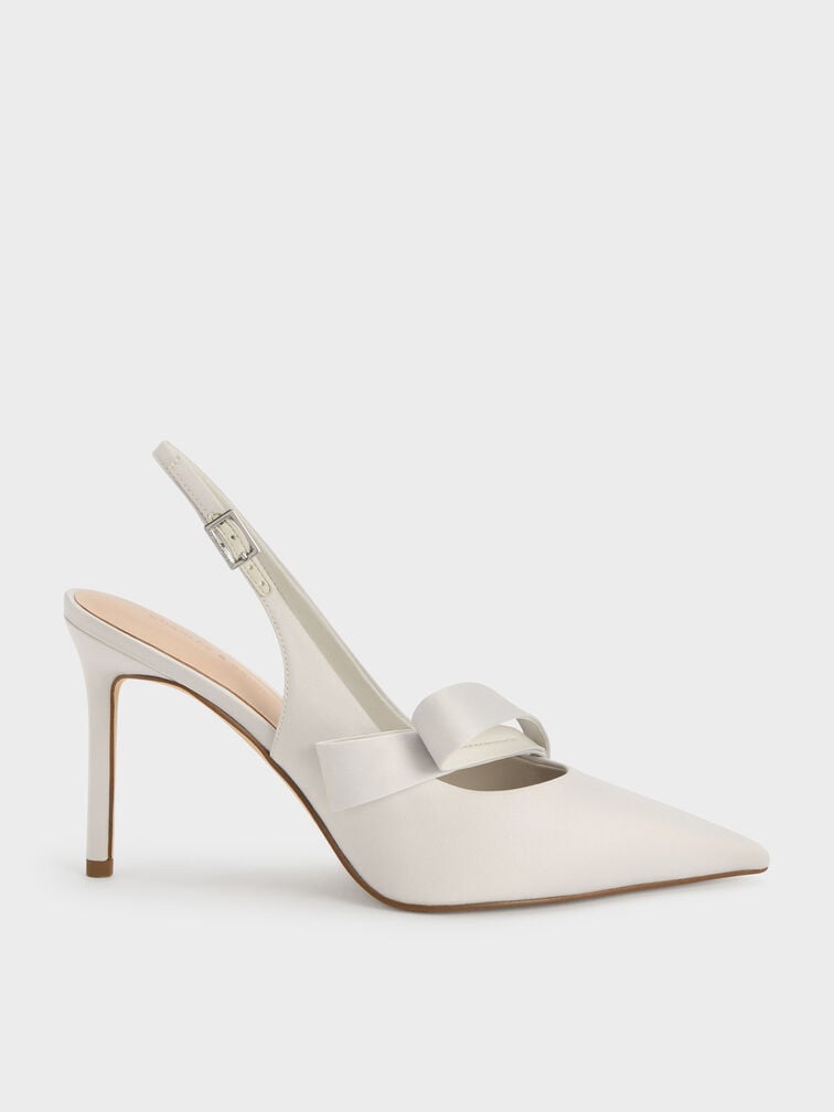 Satin Pleated-Strap Slingback Pumps, Light Grey, hi-res