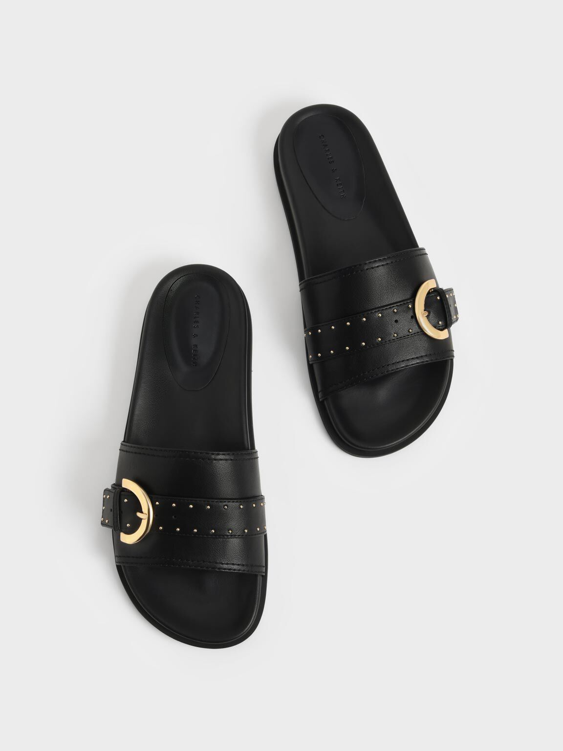 Studded Buckle Slide Sandals, Black, hi-res