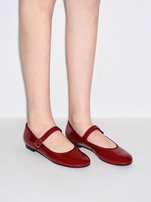 方釦皮帶瑪莉珍鞋, 紅色, hi-res